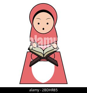 Muslim Girl Read Al Qur`an Cute Colorful Illustration On White Background Stock Vector